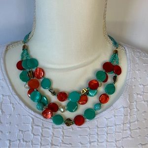 Beaded Coral & Teal colored women’s statement necklace. Triple layered l…